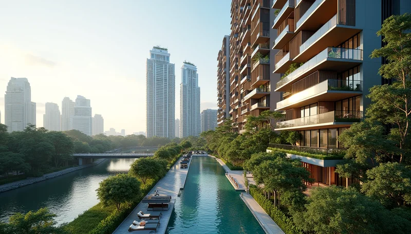 Architectural concept rendering of The River Opus riverfront towers along River Valley Road